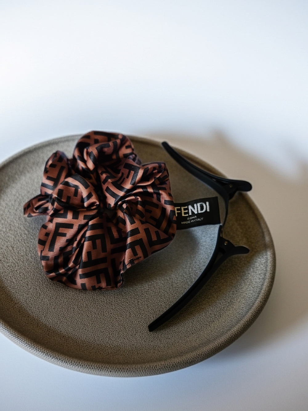 Fendi Brown Logo Satin Scrunchie and 2 clips